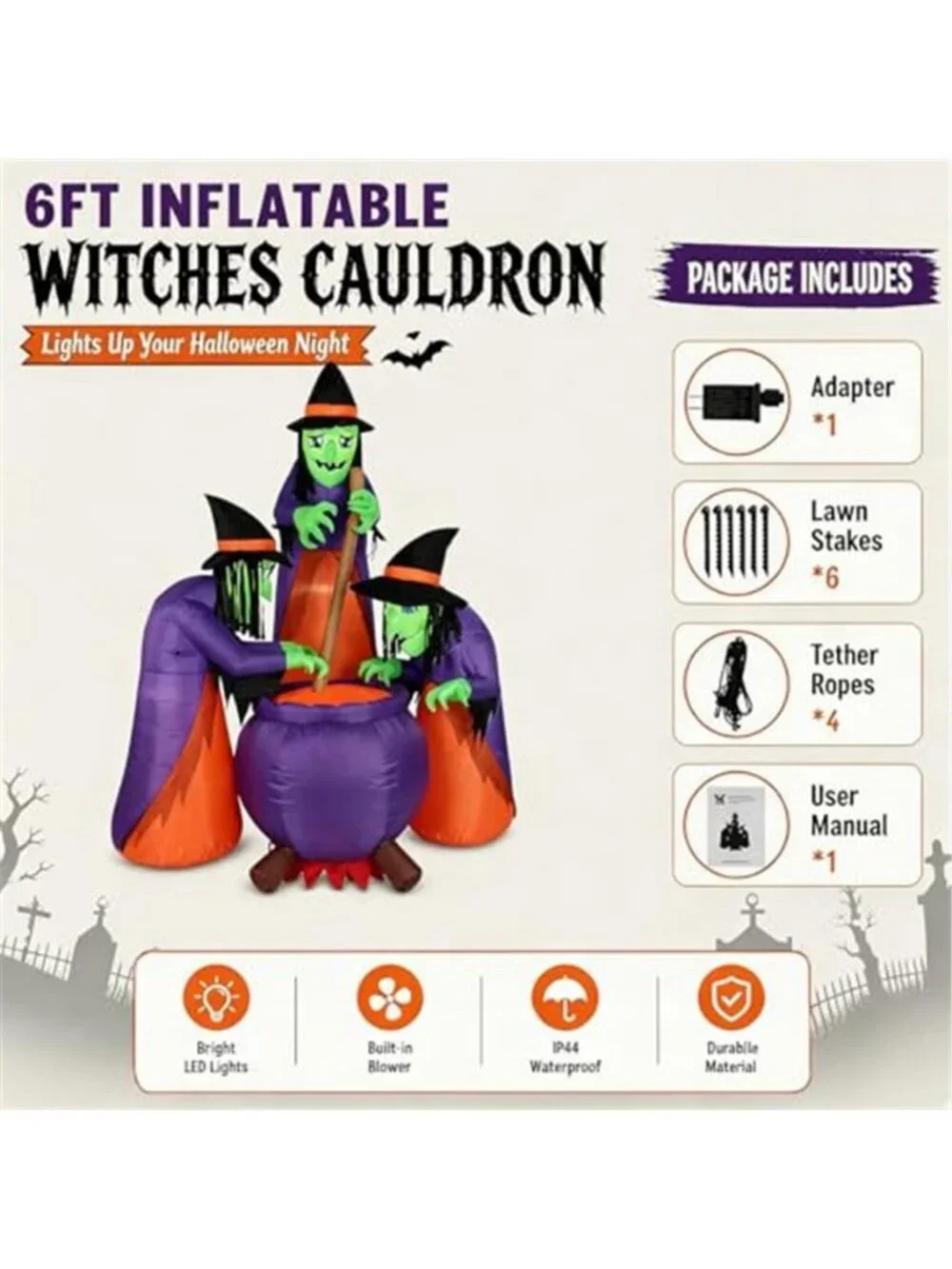 6 FT Halloween Inflatables with Built-in LEDs, Three Witches Around a Cauldron